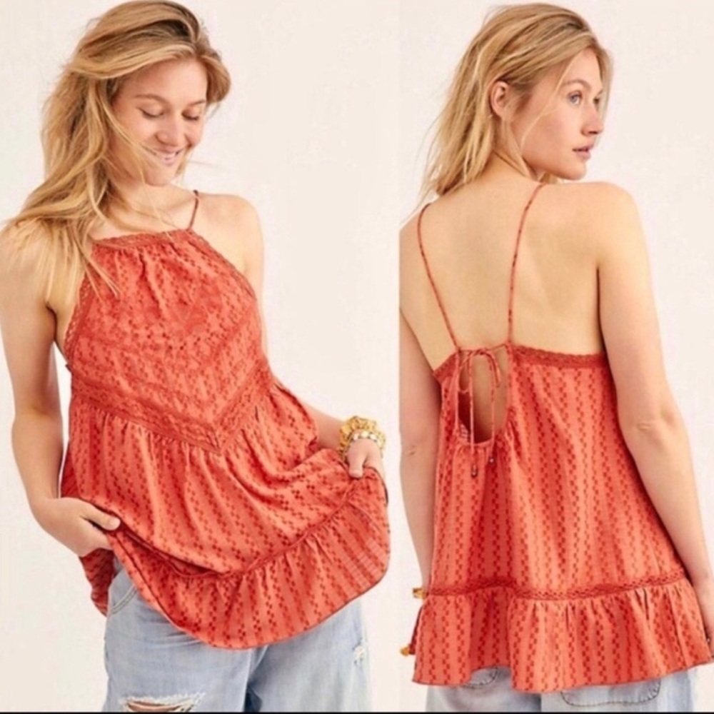 Free People Coral Orange Halter Boho Flowy Cotton Blend Tank Top